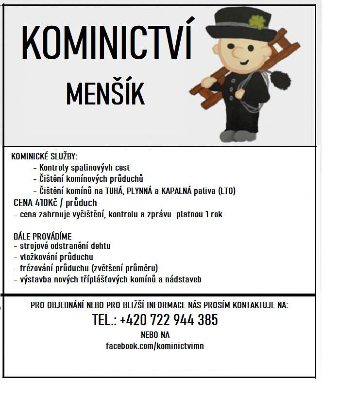 Kontola komínů a čištění komínů -  29. 5. 2023 v naší obci - objednávky na tel. čísle 722 944 385