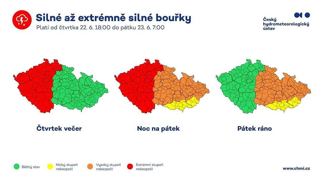 Výstraha před jevem s vysokou pravděpodobností výskytu: Vysoké teploty
Platnost: od 22.6.2023 10:00 do 22.6.2023 22:00
Výstraha před jevem s vysokou pravděpodobností výskytu: Extrémě silné bouřky
Platnost: od 22.6.2023 18:00 do 23.6.2023 04:00
Výstraha před jevem s vysokou pravděpodobností výskytu: Vysoké teploty
Odpolední teploty překročí 31 °C.
Doporučení ke zmírnění následků jevu: Vysoká zátěž na lidský organismus, nebezpečí přehřátí a dehydratace. Doporučuje se dodržovat pitný režim, zvýšit konzumaci neslazených nealkoholických nápojů, které je vhodné kombinovat s minerálními vodami. Omezit tělesnou zátěž v poledních a odpoledních hodinách. Nenechávat děti nebo i zvířata na přímém slunci, zvláště v zaparkovaných automobilech.
 
Výstraha před jevem s vysokou pravděpodobností výskytu: Extrémně silné bouřky
Očekává se možný výskyt extrémně silných bouřek s nárazy větru kolem 110 km/h, kroupami kolem 5 cm a krátkodobým intenzivním deštěm.
Doporučení ke zmírnění následků jevu: Nárazy větru budou lámat větve, vyvracet stromy. Nebezpečí představují také velké kroupy, které mohou být i kolem 5 cm a blesky. Lokálně se očekává přívalový déšť s možným intenzivním odtokem vody ze svahů, rychlým rozvodněním malých toků a suchých koryt, zatopení podchodů, podjezdů, sklepů, podemletí komunikací nebo jejich zanesení unášeným materiálem apod. Lze očekávat škody na majetku, výpadky v energetice, problémy v dopravě apod. Je třeba dbát na bezpečnost zejména s ohledem na nebezpečí zásahu bleskem a úrazu padajícími a poletujícími předměty, případně i kroupami. Nutno zabezpečit okna, dveře, skleníky, volně položené předměty apod. Nevstupovat a nevjíždět do proudící vody a zatopených míst. Při řízení vozidla v bouřce snížit rychlost jízdy a jet velmi opatrně. Vývoj a postup bouřek lze sledovat na výstupech z meteorologických radarů na internetu ČHMÚ www.chmi.cz nebo v aplikaci mobilního telefonu.

Vážení spoluobčané,
dbejte, prosím, zvýšené opatrnosti při pohybu venku. 
V případě, že víte o nějakém problému souvisejícím s aktuálním počasím, informujte nás na portálu "Hlášení závad" na webových stránkách města. Postupně se budeme jednotlivým zasaženým lokalitám věnovat.
Buďte opatrní!
Vaše město