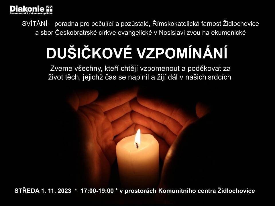 Chcete v klidu vzpomenout na ty, jejichž čas se naplnil?
Zúčastněte se Dušičkového vzpomínání, které pořádají Římskokatolická farnost Židlochovice, Diakonie ČCE v Nosislavi a poradna pro pozůstalé Svítání.
📅 ve středu 1. listopadu od 17 do 19 hodin v Komunitním centru
FB Komunitní centrum Židlochovice