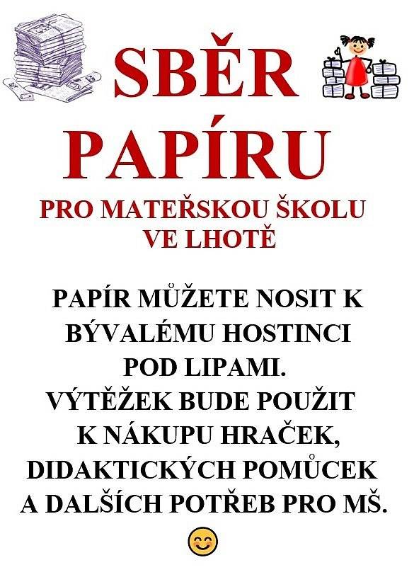 Žádáme občany, aby upřednostňovali sběr papíru pro MŠ u staré hospody Pod Lipami před vhazováním do kontejnerů na tříděný odpad. Kontejnery jsou bohužel rychle a často přeplněné. Výtěžek ze sběru putuje do lhotecké MŠ, která ho použije pro své účely. Děkujeme za pochopení.