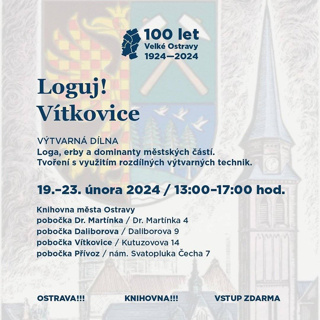 Objevte kouzlo heraldiky. Máme pro vás další pozvánku do světa fantazie.
Už příští týden, od pondělí 19. do pátku 23. února, se koná další akce z bohatého programu připraveného k oslavám 100 let výročí vzniku Velké Ostravy. Pořádá ji Knihovna města Ostravy - a to v pobočkách čtyř obvodů:

v Ostravě-Jihu na ulici Dr. Martínka,
ve Vítkovicích na ulici Kutuzovova,
v Mariánských Horách a Hulvákách na ulici Daliborova,
v obvodě Moravská Ostrava a Přívoz na náměstí Svatopluka Čecha.

 
Dalším "dílem" totiž pokračuje série výtvarných akcí Loguj! Pokud tedy i vaše děti rády tvoří, jsou zvány do kreativních dílen pro malé umělce ve všech čtyřech knihovnách, kde si budou moci zkusit vytvořit například nové logo či znak pro Ostravu zcela podle vlastní fantazie. A ještě se přitom mohou dovědět spoustu zajímavých informací! 
Více o akci na webu: www.velkaostrava.cz/cz/aktuality/11-loguj-aneb-stara-ostrava-v-novem-kabate.html