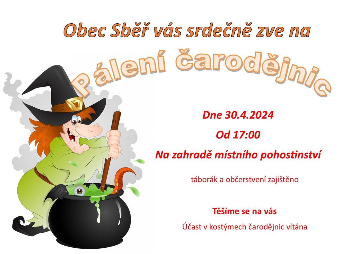 Zveme vás na pálení čarodějnic, které proběhne 30.4. od 17:00 na zahradě místního pohostinství.
Táborák a občerstvení zajištěno.
Účast v kostýmech čarodějnic vítána 
Těšíme se na vás