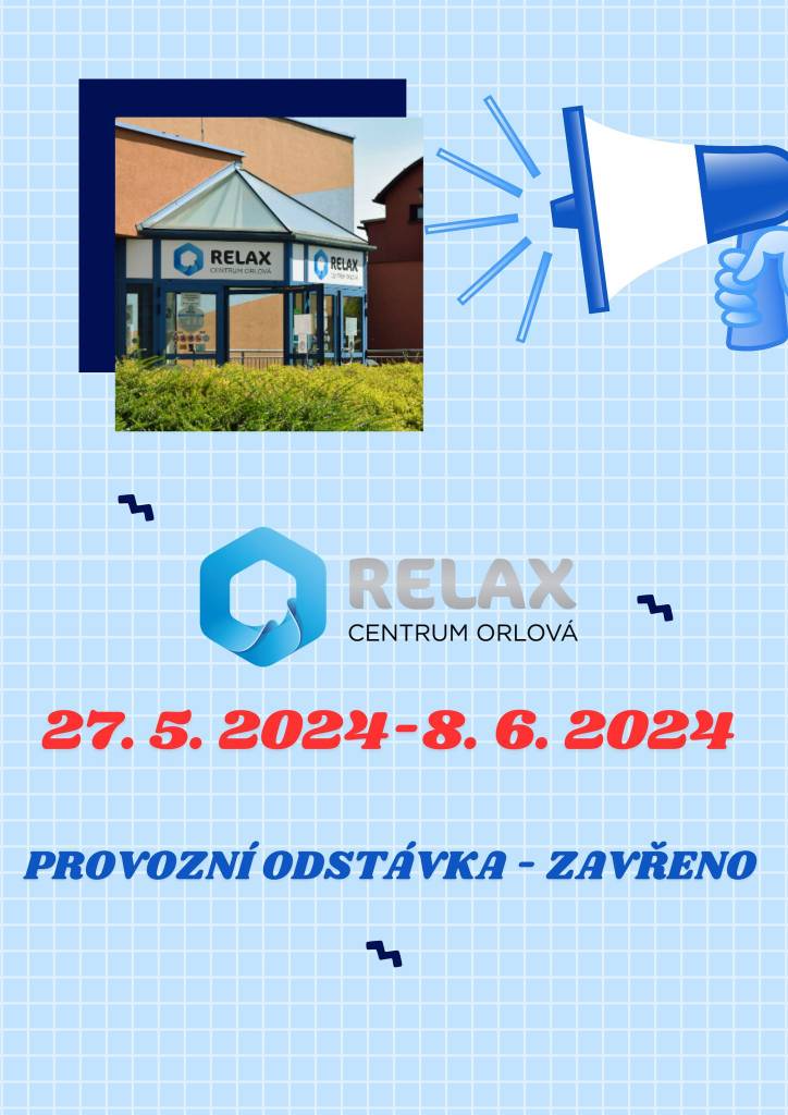 Informujeme návštěvníky, že ve dnech 27. května až 8. června 2024 bude Relax centrum Orlová z důvodu plánované provozní odstávky pro veřejnost uzavřeno.
 Od 9. června 2024 se na návštěvníky bude tým Relax centra opět těšit.
 
 ...