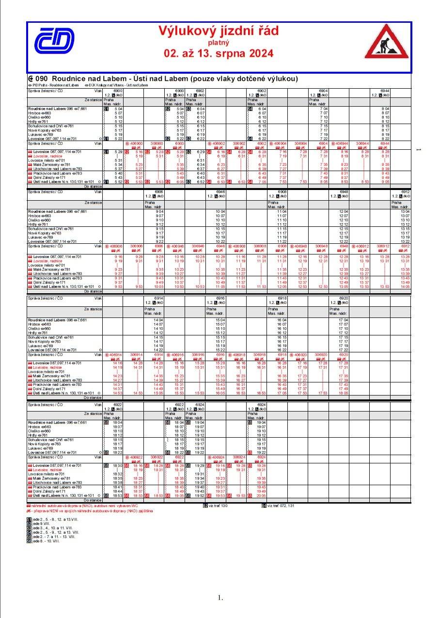 Provozovatel dráhy Správa železnic, s. o. informuje, že ve dnech 02. až 13. srpna 2024 proběhnou výluky jedné ze dvou traťových kolejí na trati 090 (Praha) - Kralupy nad Vltavou – Ústí nad Labem – (Děčín) a zpět.

Účelem této výluky je výměna kolejnic, strojní úprava GPK v 1. a 2. traťové koleji mezi stanicemi Prackovice nad Labem - Ústí nad Labem hl. n. (obvod jih), opravné práce v ŽST Prackovice nad Labem.

Dopravce ČD, a.s. proto musí přistoupit k tomuto opatření:

· Po dobu konání výluky budou Os vlaky v úseku Lovosice – Ústí nad Labem hl. n. (a zpět) nahrazeny autobusy náhradní dopravy (NAD).

        Všechny spoje náhradní autobusové dopravy (NAD) budou vedeny podle níže uvedeného Výlukového jízdního řádu. 

    Ostatní vlaky projíždějící vyloučeným úsekem mohou navýšit zpoždění až o 10 minut.