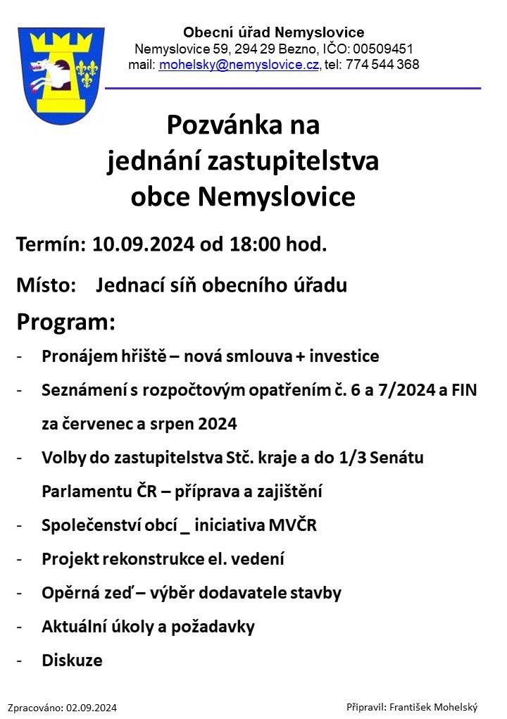 Pozvánka na jednání zastupitelstva obce dne 10.9.2024 od 18:00 na Obecním úřadě Nemyslovice