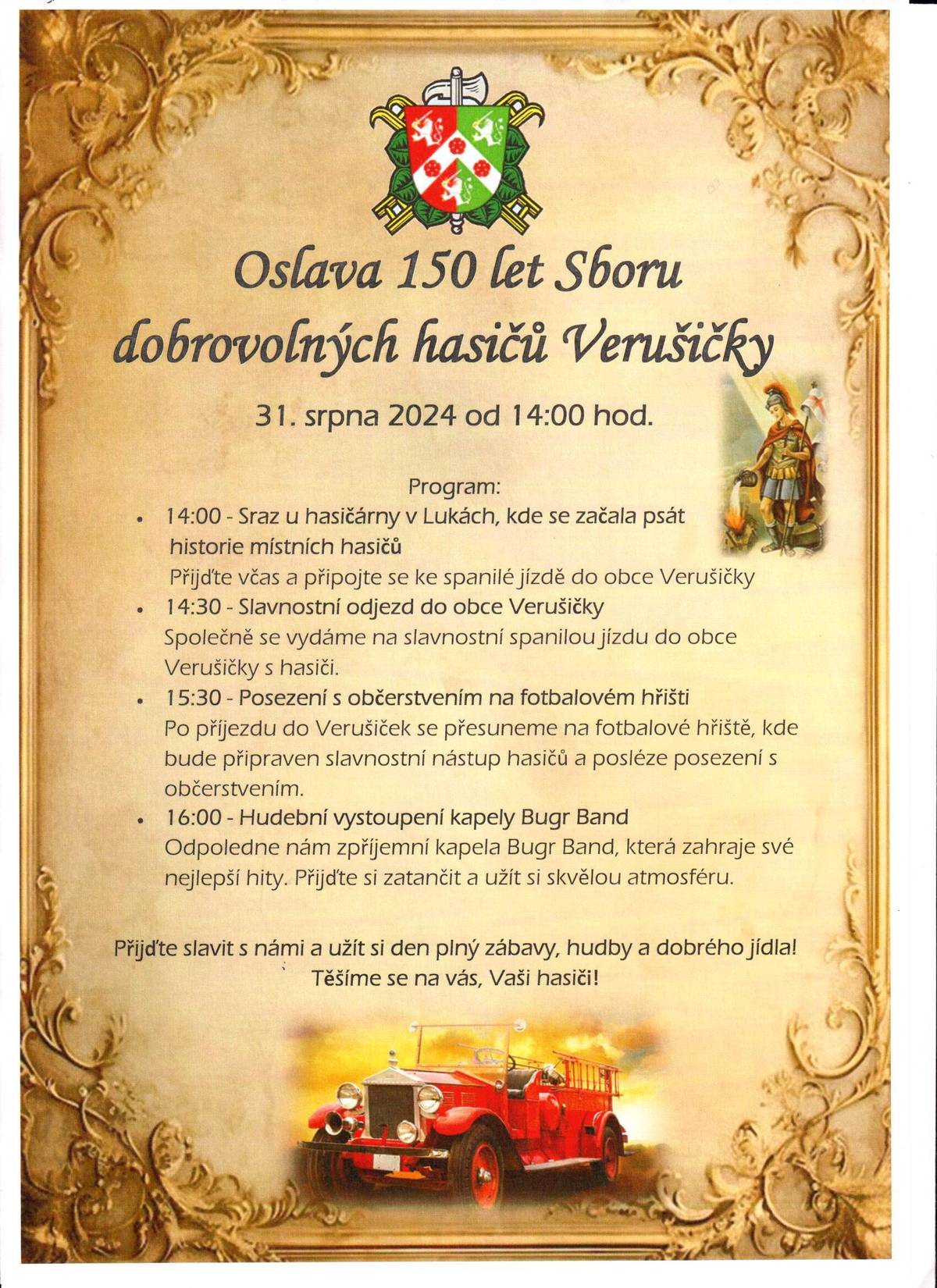 Oslava 150 let Sboru dobrovolných hasičů Verušičky, dne 31.8.2024 od 14:00 hodi