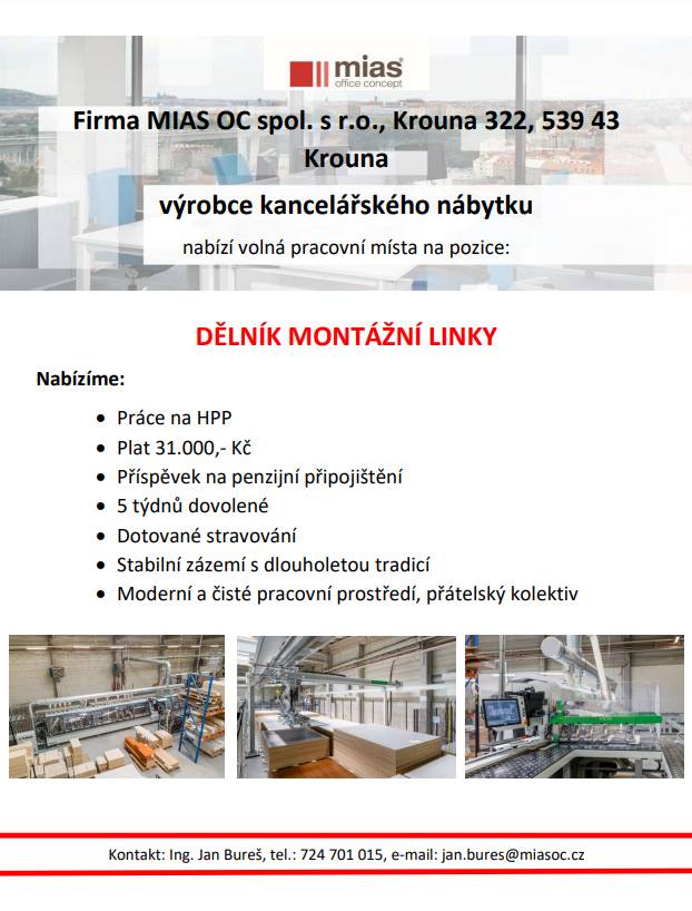 Nabídka volných pracovních míst ve společnosti  Mias OC spol. s r.o. Krouna
