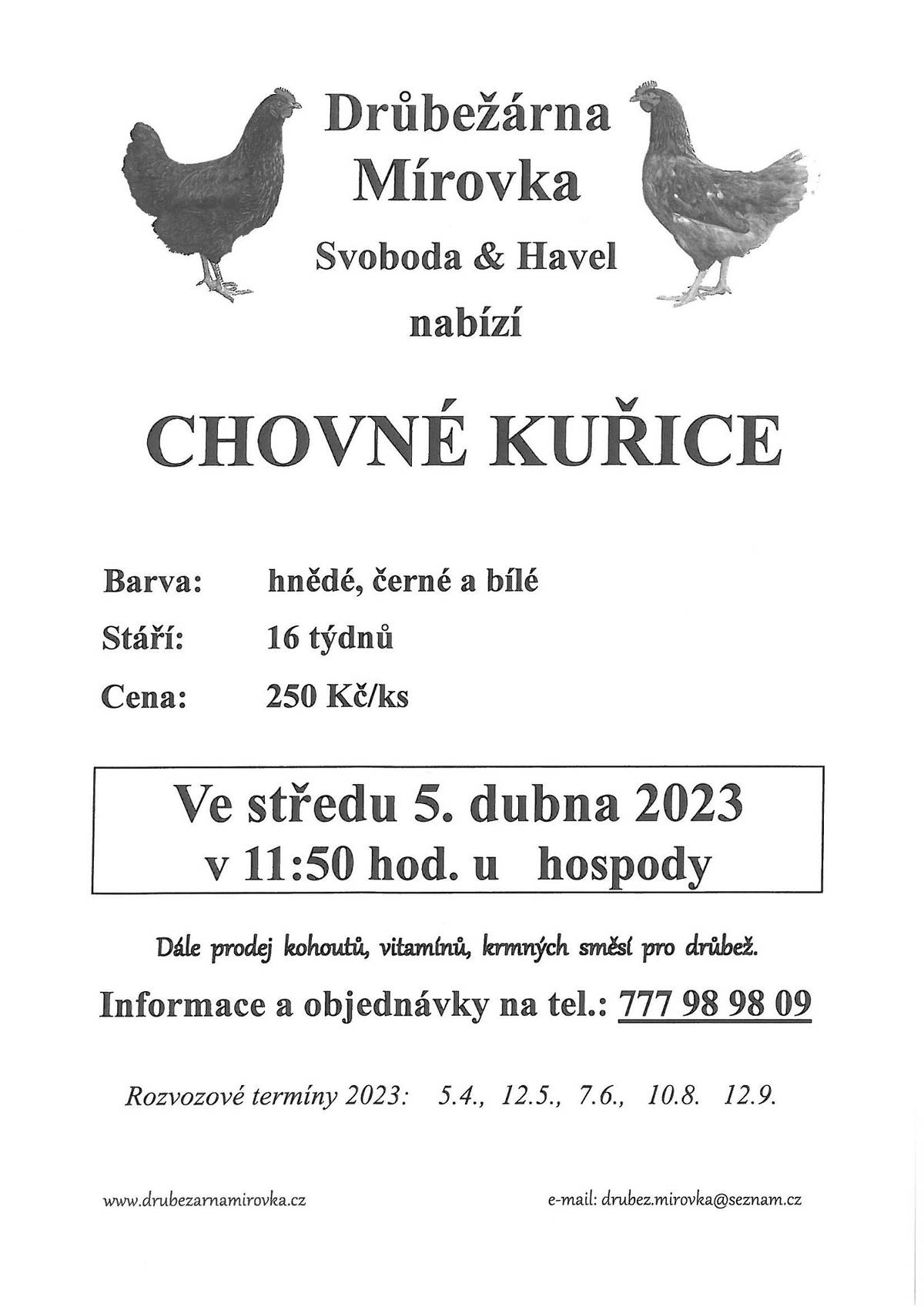 Prodej kuřic 5. 4. 2023 v 11,50 hod. u hospody