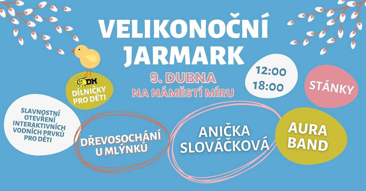 Dobrý den, rádi bychom vás pozvali na Velikonoční jarmark, který se odehraje již v neděli od 12 hodin na náměstí Míru. Těšit se můžete na řemeslné stánky, bohatý program, dílničky od CDM a den otevřených dvěří ZUŠ. Hlavním hudebním hostem bude Anička Slováčková s kapelou. Kompletní program najdete na FB a také v TIC. Těšíme se na vaší účast.