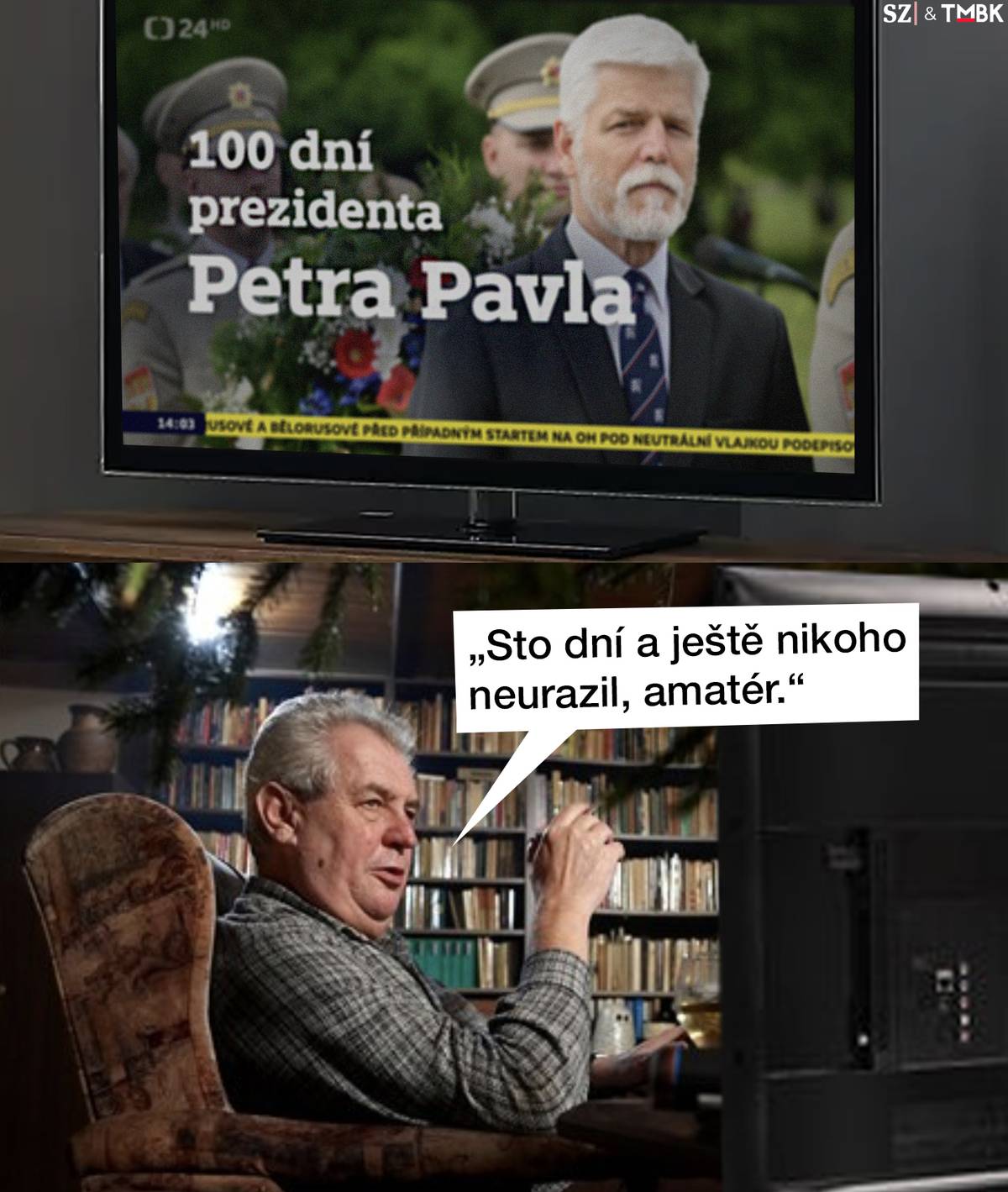 Petr Pavel a Miloš Zeman se liší snad ve všem. Bývalý prezident si může užívat penze a místo toho se i dnes stresoval chováním svého nástupce. Nebo snad žárlí? Další z kolaží satirika TMBK pro Seznam Zprávy.