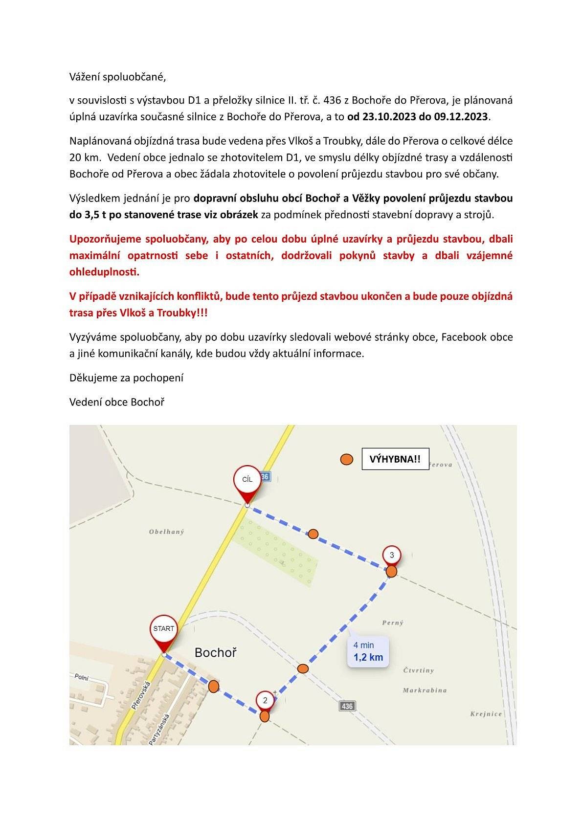 Informace k připravované úplné uzavírce a objízdné trase pro dopravní obsluhu obce Bochoř do 3,5 t.