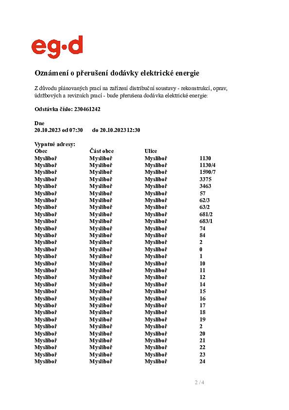 Oznámení o přerušení dodávky elektrické energie v obci -
dne 20.10.2023 od 07:30 do 20.10.2023 12:30