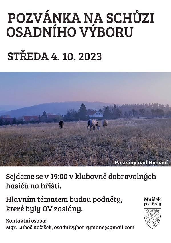 Setkání OSADNÍHO VÝBORU RYMANĚ se uskuteční ve středu 4. 10. od 19:00 v klubovně hasičů na hřišti.