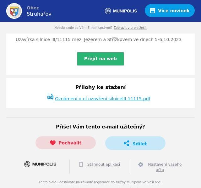 Uzavírka silnice III/11115 mezi Jezerem a Střížkovem ve dnech 5-6.10.2023