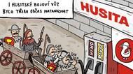 Kreslený vtip: Husitský vůz