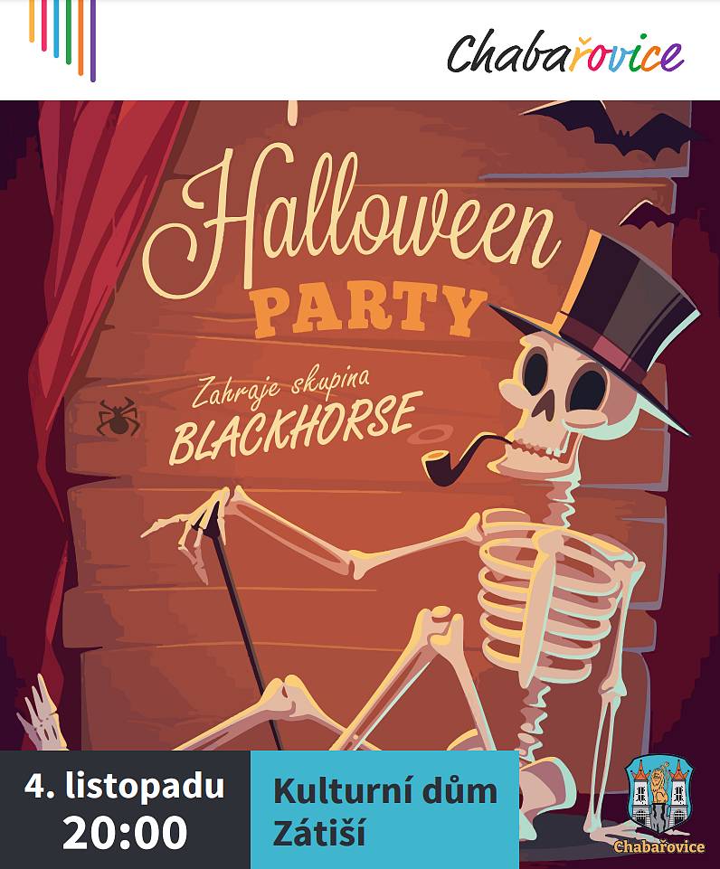 Město Chabařovice dne 4. 11. 2023 od 20:00 pořádá Halloweenskou párty v kulturním domě Zátiší. Celý večer bude hrát skupina Blackhorse. Vstupenky stojí 100 Kč a lze je zakoupit v předprodeji na městském úřadě. Kostým je více než vítán! Přĳďte se s námi strašidelně pobavit!