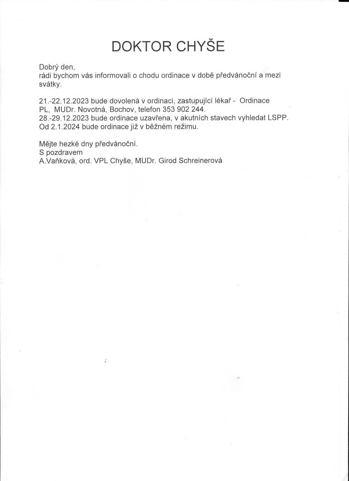Oznámení  - doktor Chyše v době předvánoční a mezi svátky