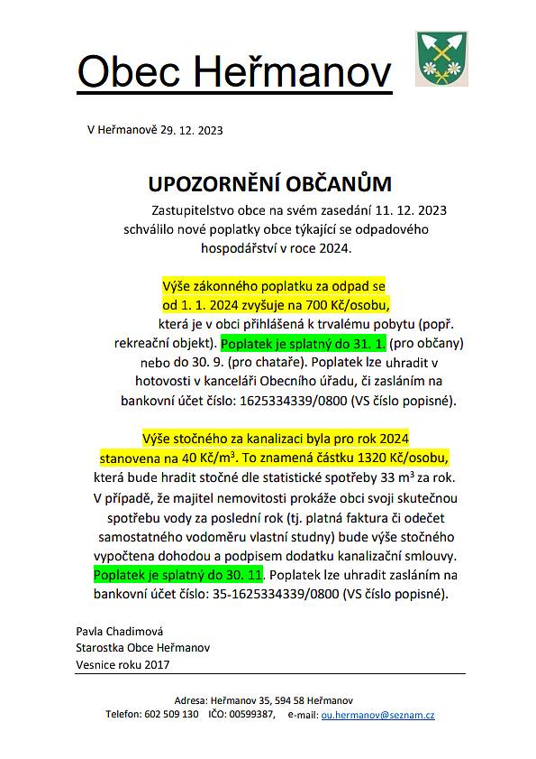 Od 1. 1. 2024 vstupují v platnost dvě nové obecní vyhlášky.