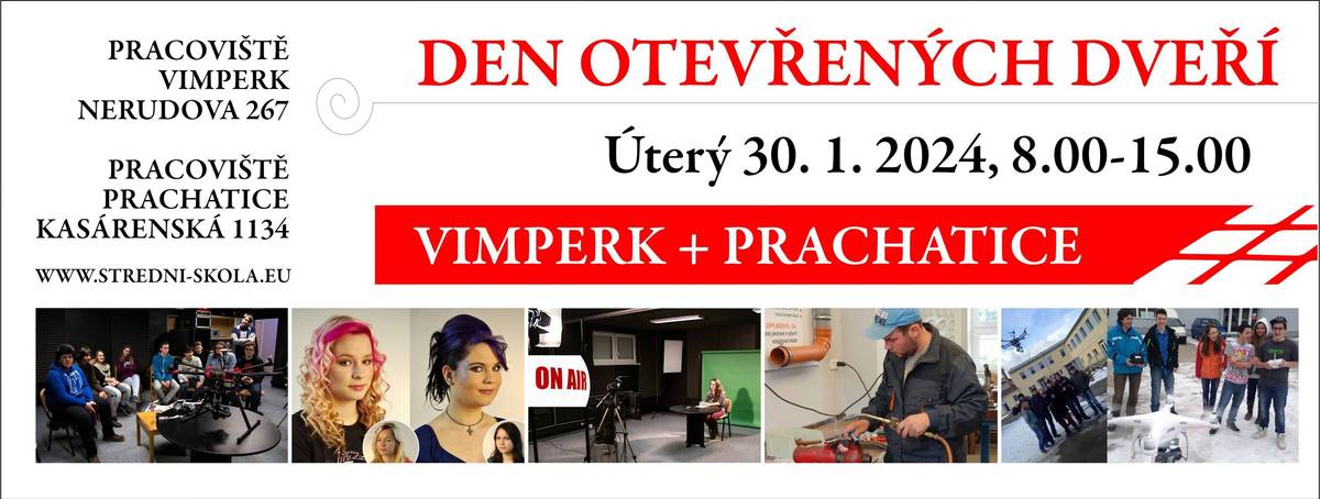 Střední škola a Základní škola, Vimperk, Nerudova ulice 267, Vás srdečně zve na Den otevřených dveří, který se koná v úterý 30. ledna od 8 do 15 hodin.
Rodiče a žáci, kteří mají zájem o studium technických oborů a oborů služeb, získají informace o studiu, přijímacím řízení a systému odborného výcviku. Mohou si prohlédnout školu a odborné učebny ve Vimperku i v Prachaticích.
Těšíme se na vás v Nerudovce.