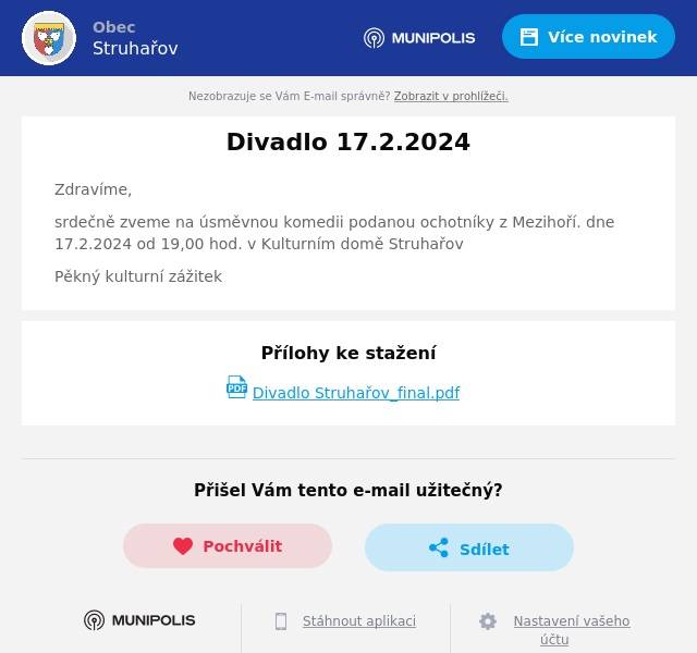 Zdravíme,
srdečně zveme na úsměvnou komedii podanou ochotníky z Mezihoří. dne 17.2.2024 od 19,00 hod. v Kulturním domě Struhařov
Pěkný kulturní zážitek