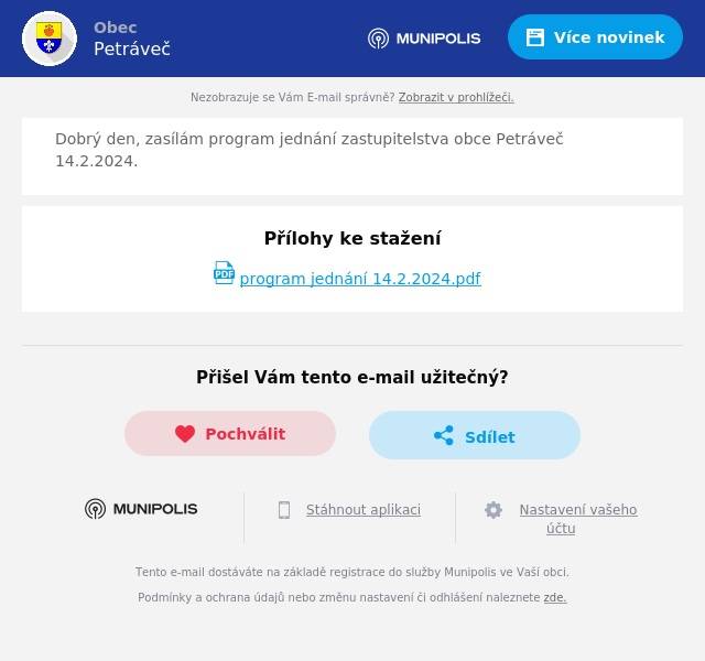Dobrý den, zasílám program jednání zastupitelstva obce Petráveč 14.2.2024.