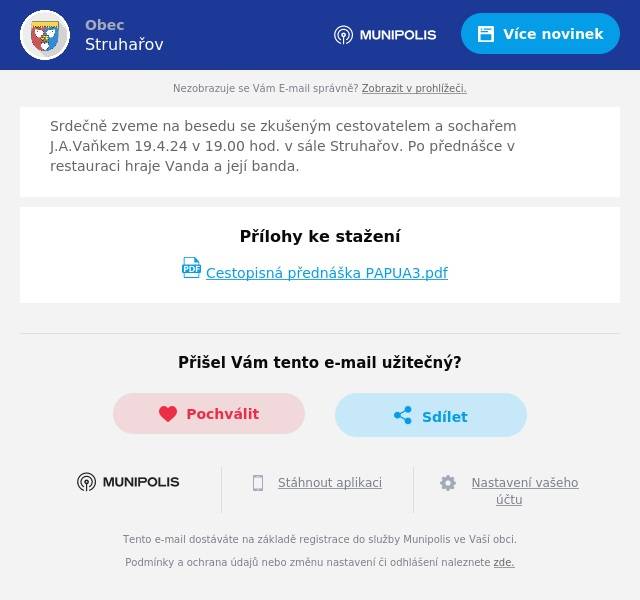 Srdečně zveme na besedu se zkušeným cestovatelem a sochařem J.A.Vaňkem 19.4.24 v 19.00 hod. v sále Struhařov. Po přednášce v restauraci hraje Vanda a její banda.
