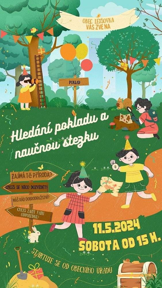 Hledání pokladu a naučná stezka proběhne 11.5.2024 odpoledne.