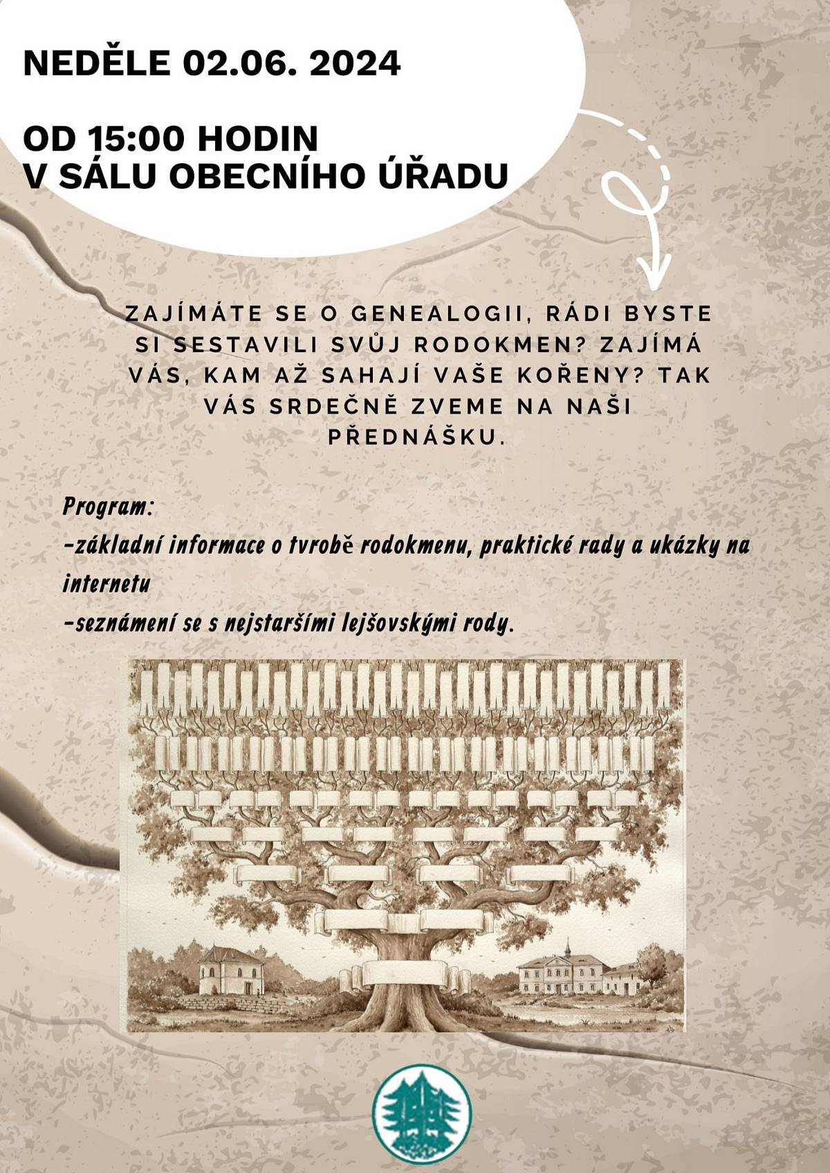 Přednáška o nejstarších rodech v Lejšovce a o genealogii proběhne v neděli 2.června 2024 v 15 hodi