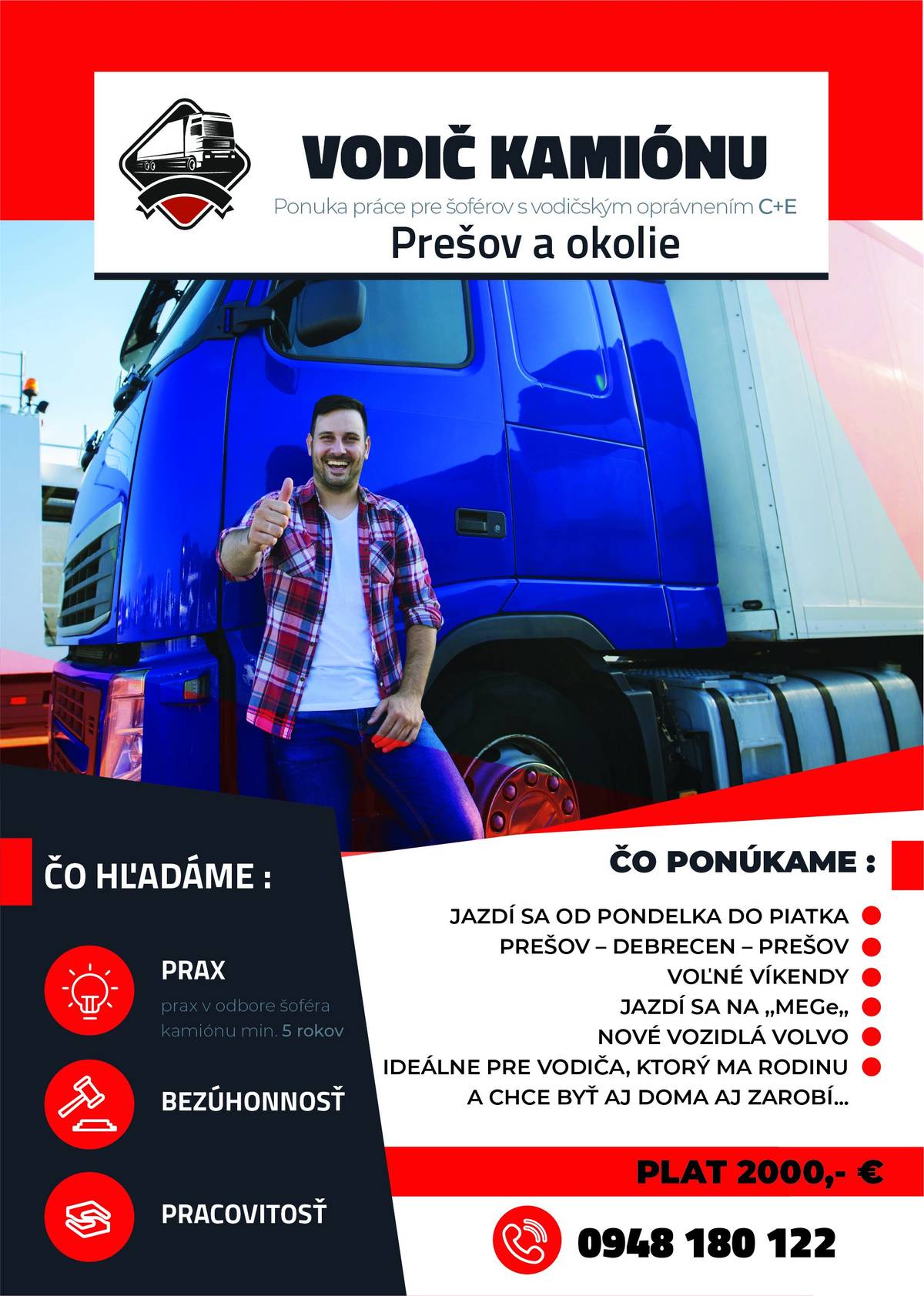 Ponuka práce pre šoférov s vodičským oprávnením C+E