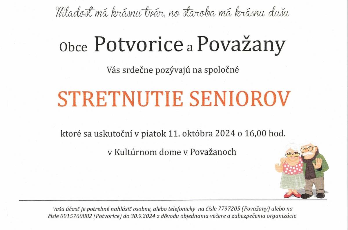 Vážení seniori, srdečne Vás pozývame na spoločné stretnutie