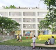 Z druhé strany je budova prostá a na parcele nabízí intimní zákoutí nebo dětské hřiště.