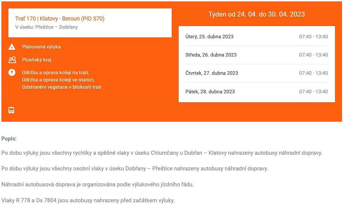 ČD informují, že od úterý 25.4. do pátku 28.4. vždy od 7:40 do 13:40 hodin proběhne výluka na trati 170 v úseku Dobřany - Chlumčany u Dobřan - Klatovy. Náhradní autobusová doprava je organizována podle výlukového jízdního řádu (viz příloha). Zastávky náhradní autobusové dopravy: Dobřany - před staniční budovou, Chlumčany u Dobřan - na autobusové zastávce "Chlumčany, žel.st." před staniční budovou, Přeštice - před staniční budovou a na autobusové zastávce "Přeštice, nám.", Klatovy - parkoviště před staniční budovou.