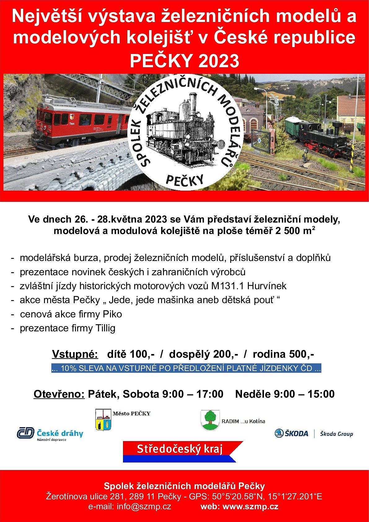 Přijďte si prohlédnout Největší výstavu železničních modelů a modelových kolejišť v České republice Pečky 2023 ve dnech 26. - 28. května.
Čeká na vás modelářská burza, prodej modelů i příslušenství. Dozvíte se o novinkách u výrobců a mnoho dalšího.🛤️
Otevřeno bude v pátek a v sobotu od 9 do 17 hodin a v neděli od 9 do 15 hodin.