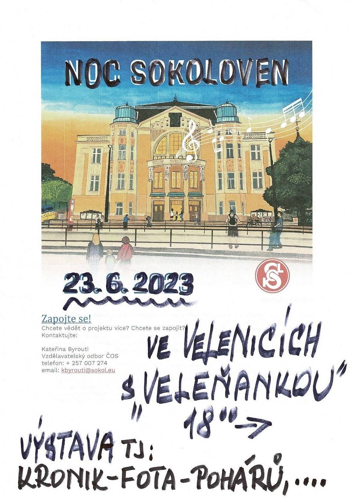 TJ Sokol Velenice se zapojuje do projektu České obce sokolské „Noc sokoloven“ a srdečně Vás všechny zve na návštěvu sokolovny v pátek 23. června 2023 od 18 hodin. Bude zde výstava kronik TJ a k nahlédnutí také fotografie z činnosti TJ a vítězné poháry ze sportovních soutěží. K posezení bude od 18 hodin hrát a zpívat naše Veleňanka. Těšíme se na Vás.