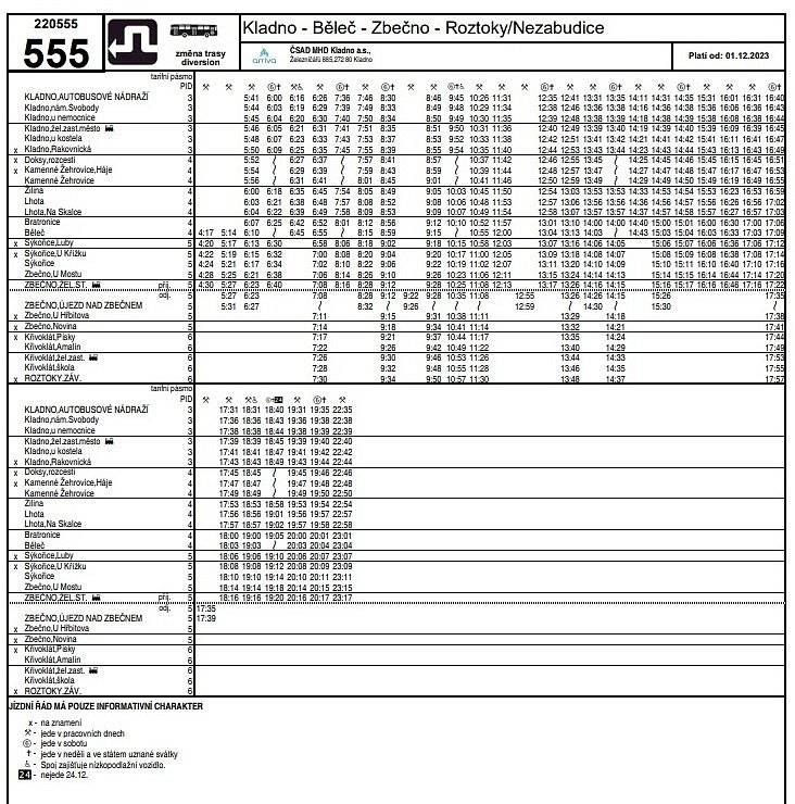 Od 01.12.2023 se linka 555 vrací na svou původní trasu po ukončení uzavírky komunikace III/2018. Další strana jízdního řádu je přiložena v příloze.
