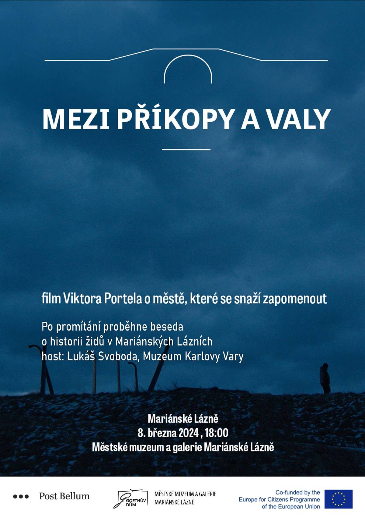- premiéra unikátního dokumentu o Terezíně a beseda o historii židovské komunity v Mariánských Lázních
 
V pátek 8. března 2024 v 18:00 hodin se bude v kinosále městského muzea konat promítání unikátního dokumentu "Mezi příkopy a valy", který představuje nejvýznamnější českou památku holocaustu - město Terezín.
 
Na promítání dokumentu naváže moderovaná beseda s historikem Lukášem Svobodou z Muzea Karlovy Vary. Hovořit se bude o historii židovského obyvatelstva v Mariánských Lázních a také o nových poznatcích vycházejících z nedávného archeologického výzkumu na místě, kde stávala mariánskolázeňská synagoga.
 
Akci pořádá Městské muzeum a galerie Mariánské Lázně a organizace Post Bellum.