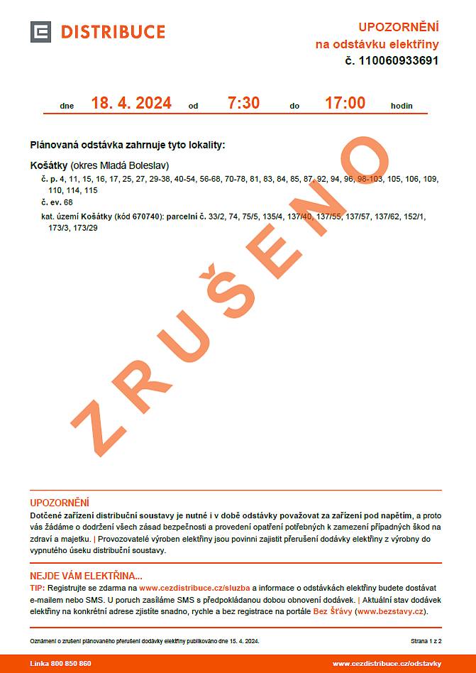 Oznámení o zrušení plánovaného přerušení dodávky elektrické energie dne 18.4.2024 v Košátkách.