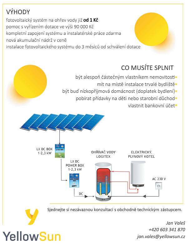 Dne 5. 6. 2024 v 15:00 bude společnost Yellowsun pořádat besedu na téma ohřev vody solárními panely.
Na tento program je vypsaná dotace 90 000 korun pro seniory a osoby pobírající příspěvek na bydlení nebo na děti.
Firma Yellowsun vysvětlí celý průběh dotací, funkce fotovoltaického systému, až po realizaci.
Dotace jsou vypláceny předem a je možné získat dotace i na zateplení, výměnu oken, dveří a podobně.
Také bude zajištěno lehké občerstvení.
Beseda se bude konat v hospodě v sokolovně.