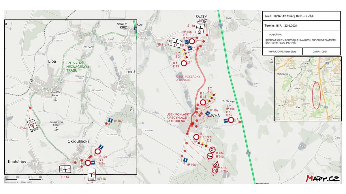 Upozorňujeme na uzavírku Sv. Kříž - Suchá od 15.7.-22.9.2024.