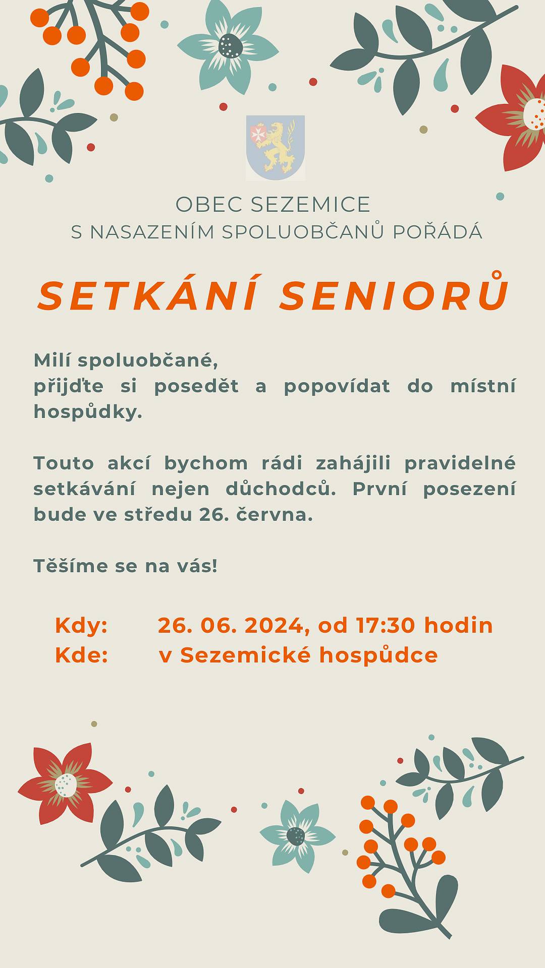 Zveme vás do Sezemické hospůdky na setkání  nejen senior, všichni jste vítáni :)