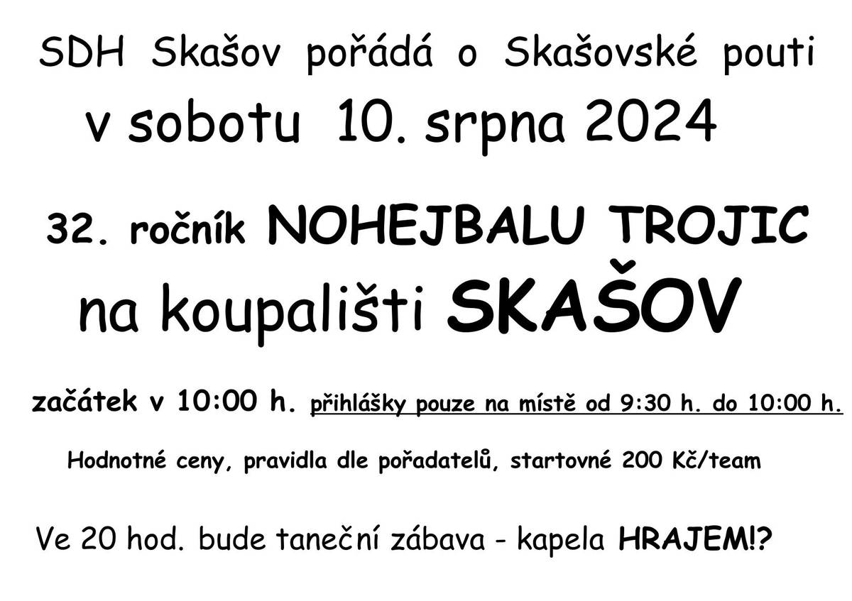 32. ročník nohejbalu trojic na koupališti ve Skašově dne 10.8.2024 - zápis teamů od 9:30 hod., začátek v 10 hod.