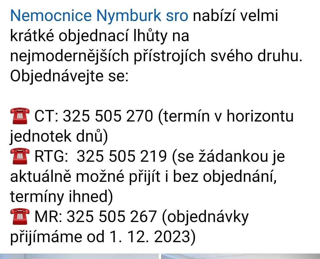 Nemocnice Nymburk hlásí velmi krátké objednací lhůty na CT, RTG a MR