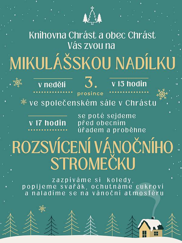 Přijďte s námi oslavit nadcházející období adventu, popovídat si, poslechnout a zazpívat si krásné vánoční koledy a ochutnat něco dobrého. Moc se na Vás těšíme.
Již tuto neděli v Chrástu.