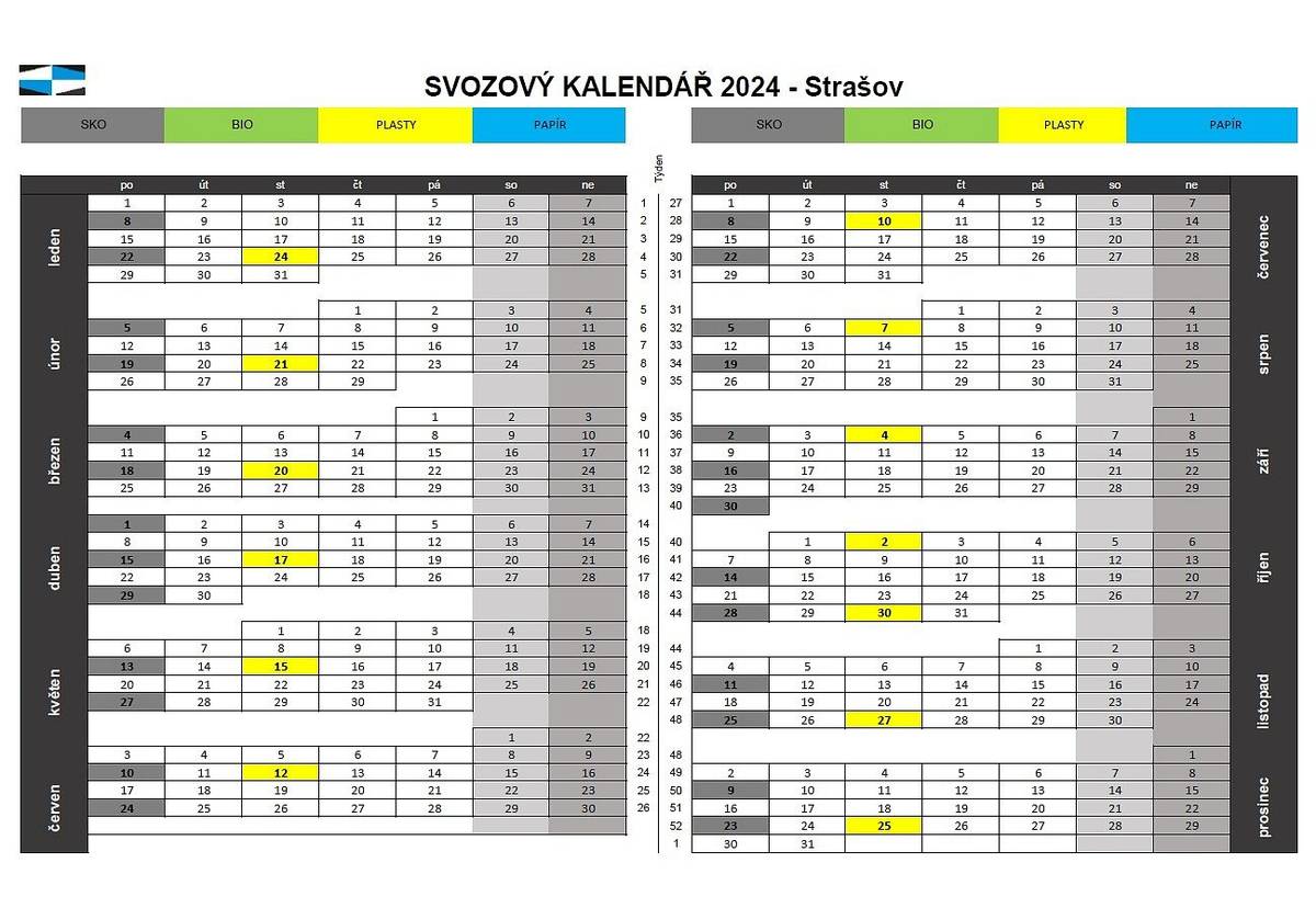 Svozový svozový kalendář odpadů pro rok 2024. 
Šedivě vyznačen svoz černých popelnic na směsný odpad
Žlutě vyznačen svoz žlutých popelnic na plastový odpad
V průběhu roku obdržíte modré popelnice na papír. Kalendář bude upraven.
