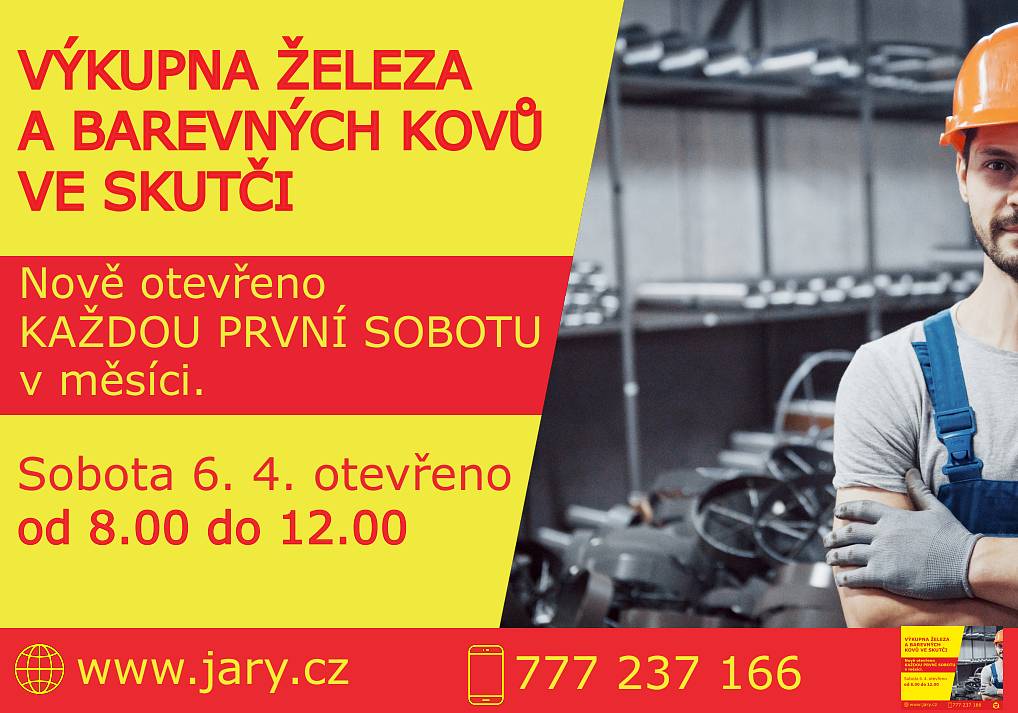 Oznamujeme o otevření výkupny železného materiálu a barevných kovů ve Skutči, Zvěřinově ulici. Otevírací doba je pondělí a pátek 8:30 – 16, ve středu až do 17 hodin.
V jarních měsících bude otevřeno také každou první sobotu v měsíci od 8 do 12 hodin. Více informací a výkupní ceník najdete na našich webových stránkách https://www.jary.cz/cenik-skutec