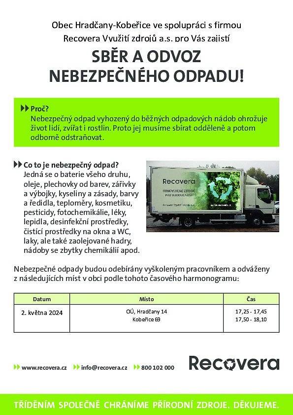 Připomínám vám, že dnes proběhne svoz nebezpečných odpadů z naší obce. Vozidlo společnosti Recovera bude přistaveno k obecnímu úřadu v Hradčanech v době od 17:25 do 17:45 a před veterinou v Kobeřicích v době od 17:50 do 18:10 hodin. Mezi nebezpečné odpady se například řadí baterie všeho druhu, oleje, plechovky od barev, zářivky a výbojky, kyseliny a zásady, barvy a ředidla, teploměry, kosmetika, pesticidy, fotochemikálie, léky, lepidla, desinfekční prostředky, čistící prostředky na okna a WC, laky, ale také zaolejované hadry nebo nádoby se zbytky chemikálií.