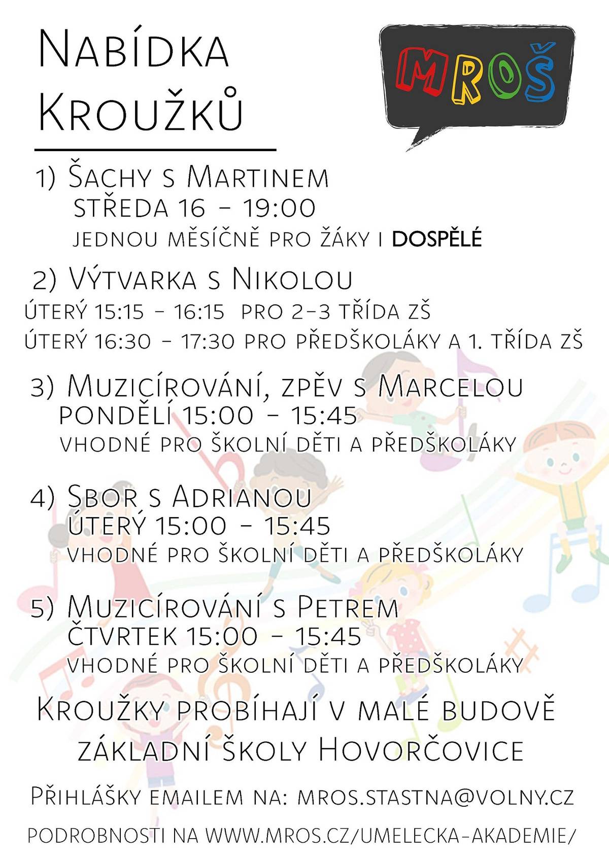 Zamluvte si místo v kroužku UMĚLECKÉ AKADEMIE pro školní rok 2024/2025 včas Všechny kroužky probíhají ve škole v Hovorčovicích a děti na ně mohou docházet přímo z družiny
https://www.skolahovorcovice.cz/zs/ostatni-krouzky