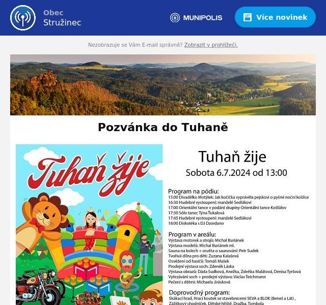 Spolek Tuhaň žije vás tímto zvou na  tuto sobotu 6.července 2024 od 13 hod do areálu letního parketu vedle restaurace Tuhaňka na kulturní odpoledne pod názvem TUHAŃ ŽIJE.
Těšit se zde můžete na bohatý program a spoustu dalších zajímavostí.
Po celou dobu akce bude zajištěno bohaté občerstvení.