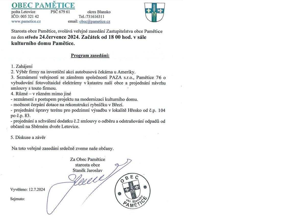 Starosta obce Pamětice svolává veřejné zasedání Zastupitelstva obce Pamětice na 24.07.2024 od 18:00