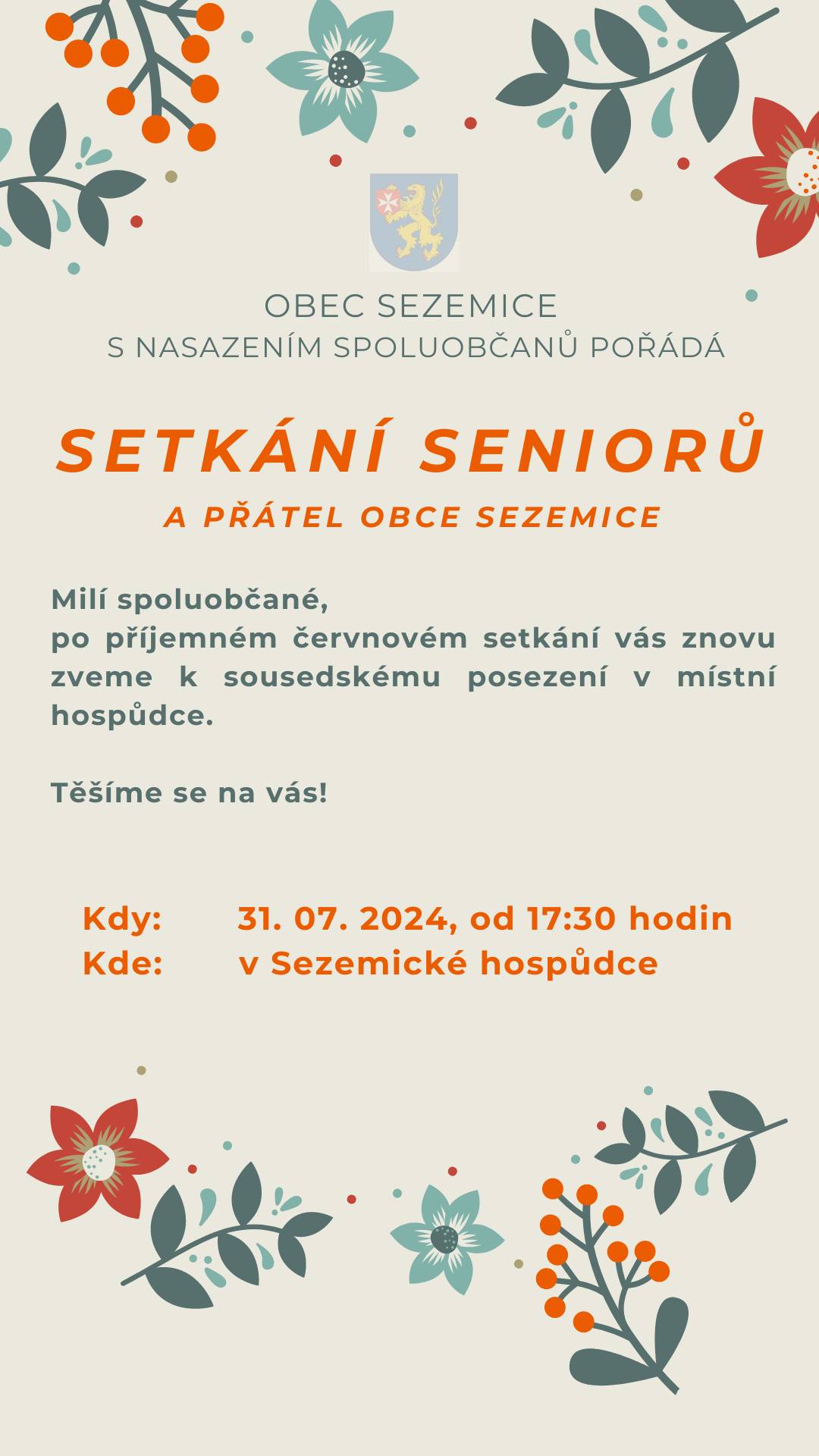 Zveme vás na setkání seniorů a přátel obce Sezemice.